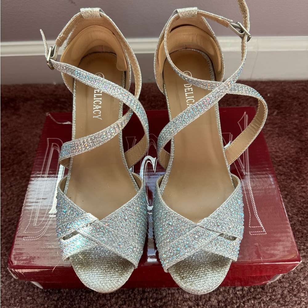Silver rhinestone cross cross heels